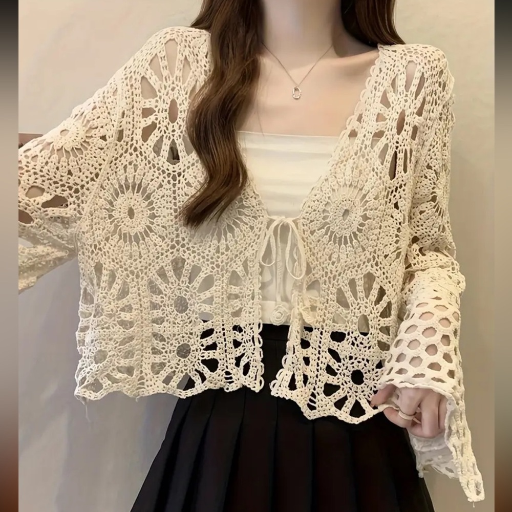 Crochet lace kimono floral cream beach summer top